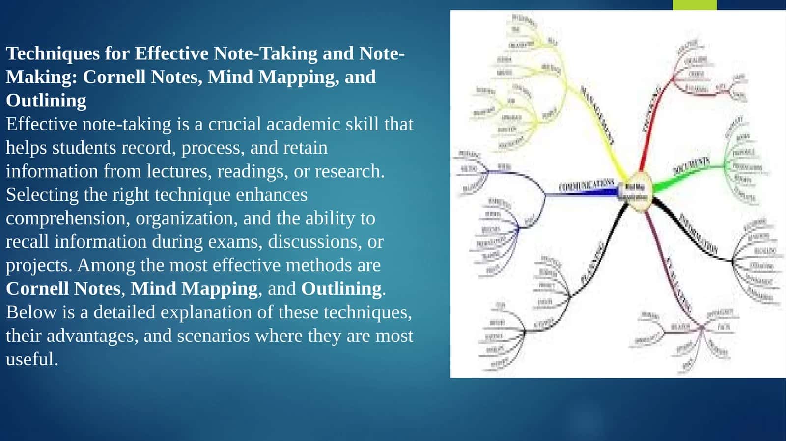 Techniques for Effective Note-Taking and Note-Making: Cornell Notes, Mind Mapping, and Outlining 1