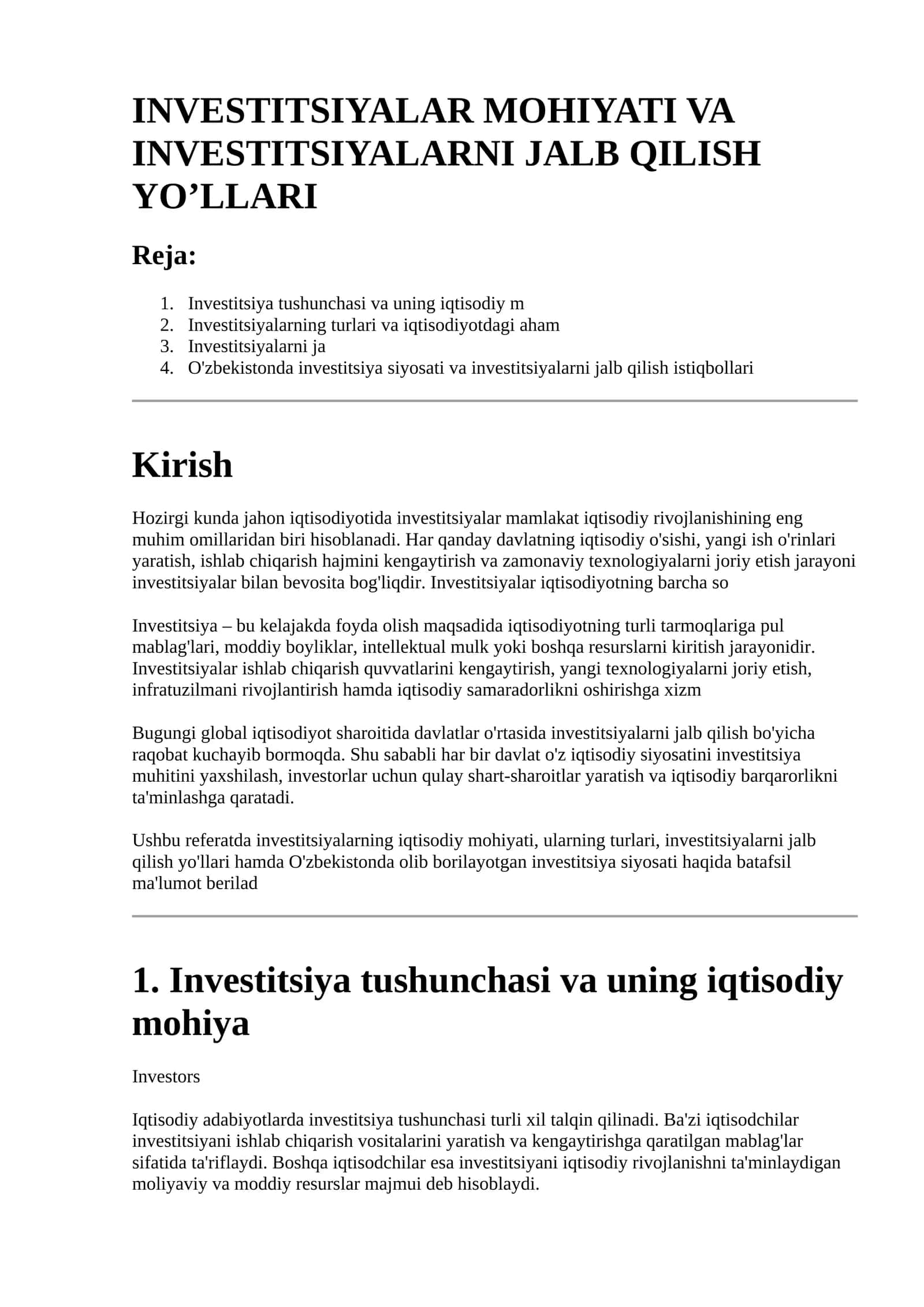 INVESTITSIYALAR MOHIYATI VA INVESTITSIYALARNI JALB QILISH YO’LLARI 1