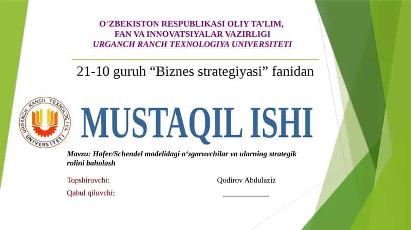 Hofer/Schendel modelidagi o‘zgaruvchilar va ularning strategik rolinibaholash 1