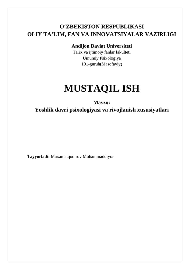 Yoshlik davri psixologiyasi va rivojlanish xususiyatlari 1