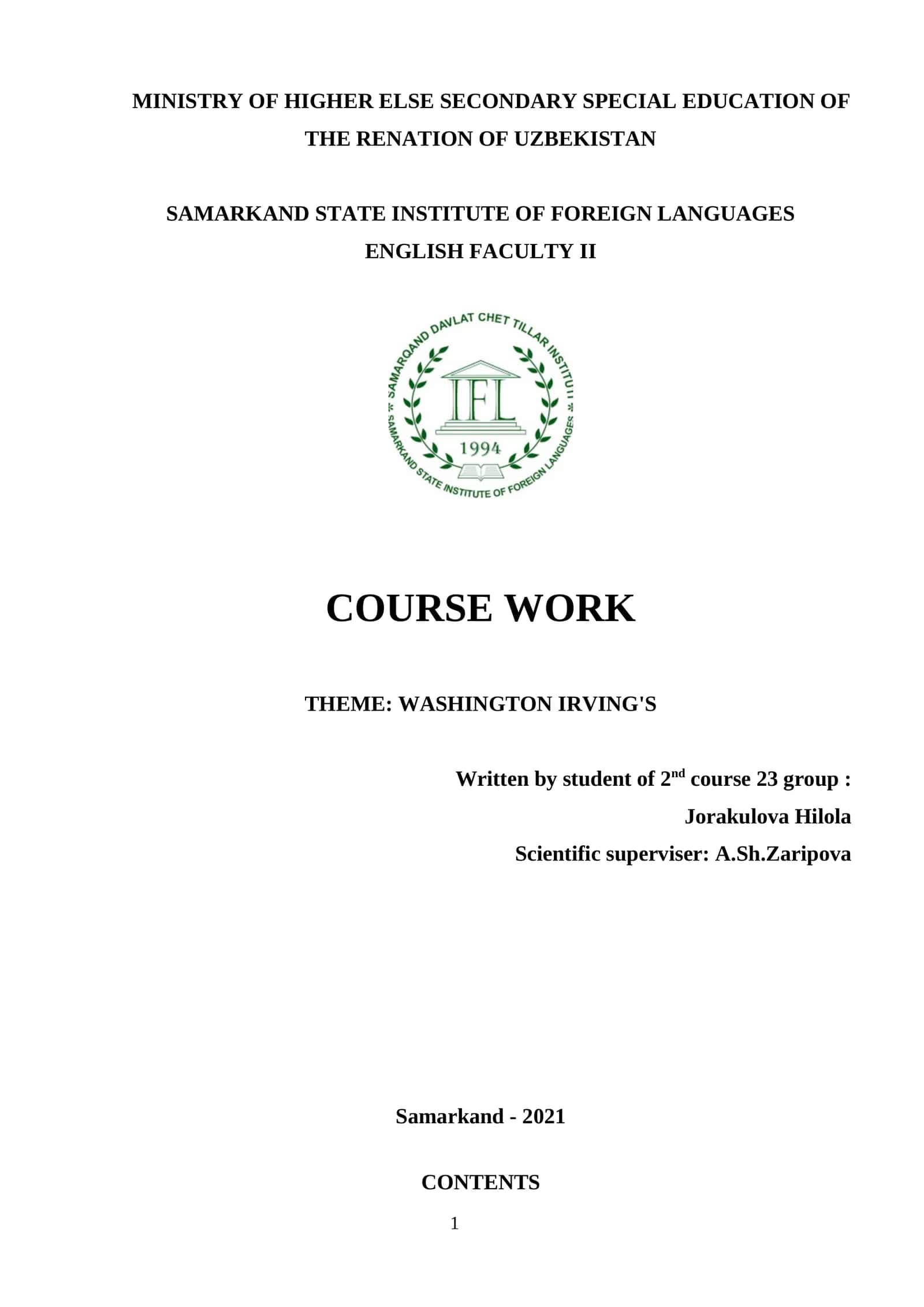 COURSE WORK: WASHINGTON IRVING'S 1