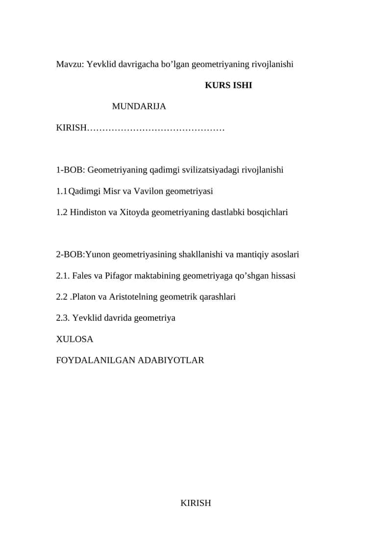 Yevklid davrigacha bo’lgan geometriyaning rivojlanishi 1