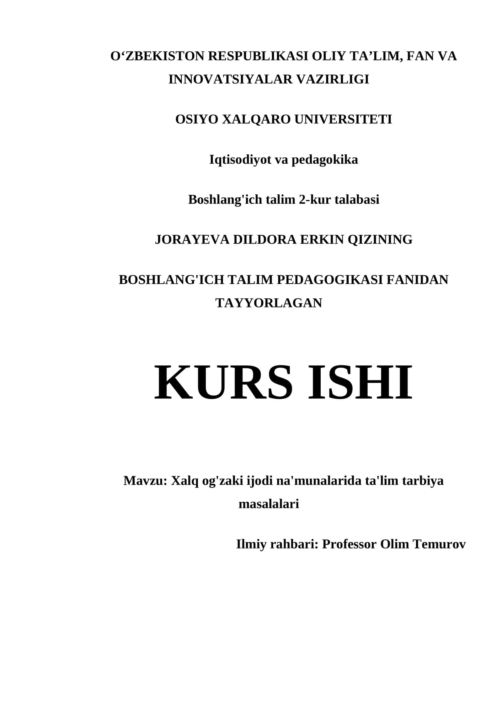 BOSHLANG'ICH TALIM PEDAGOGIKASI FANIDAN TAYYORLAGAN KURS ISHI 1
