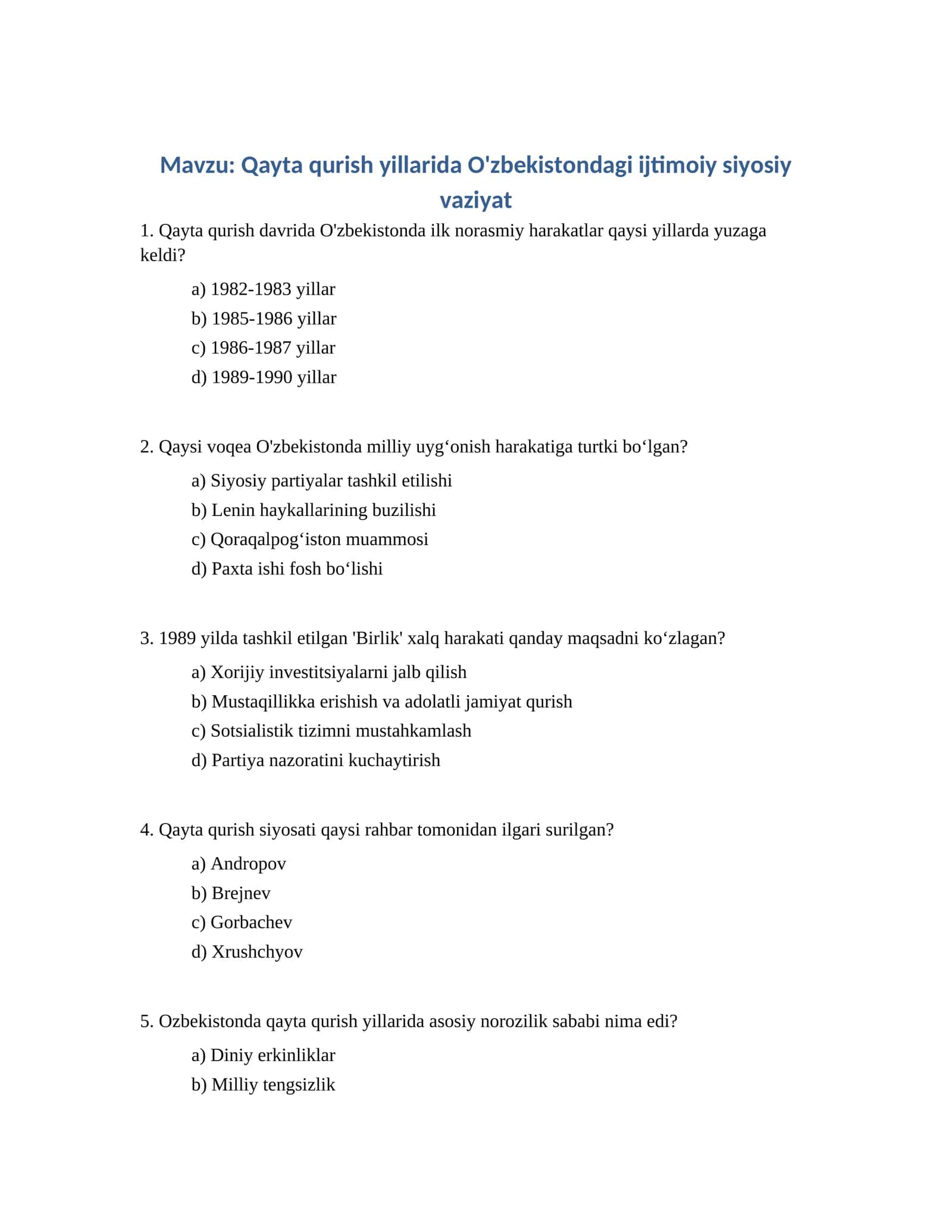 Qayta qurish yillarida O'zbekistondagi ijtimoiy siyosiy vaziyat 1
