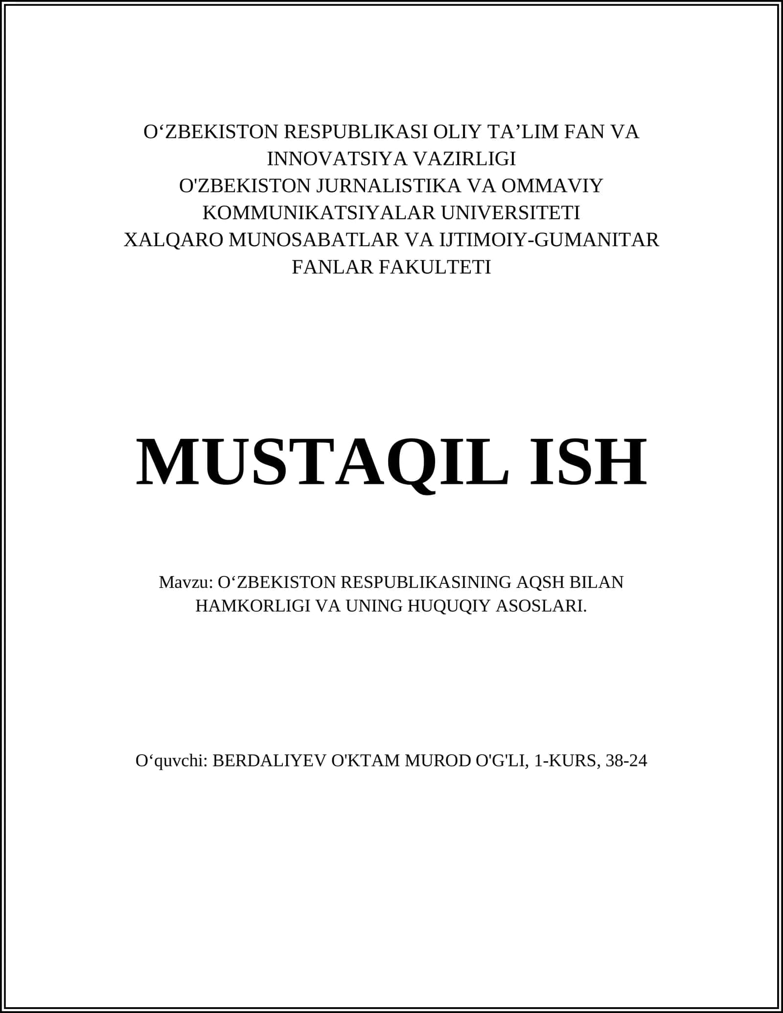 O‘zbekistonning AQSH bilan hamkorligi va uning huquqiy asoslari 1