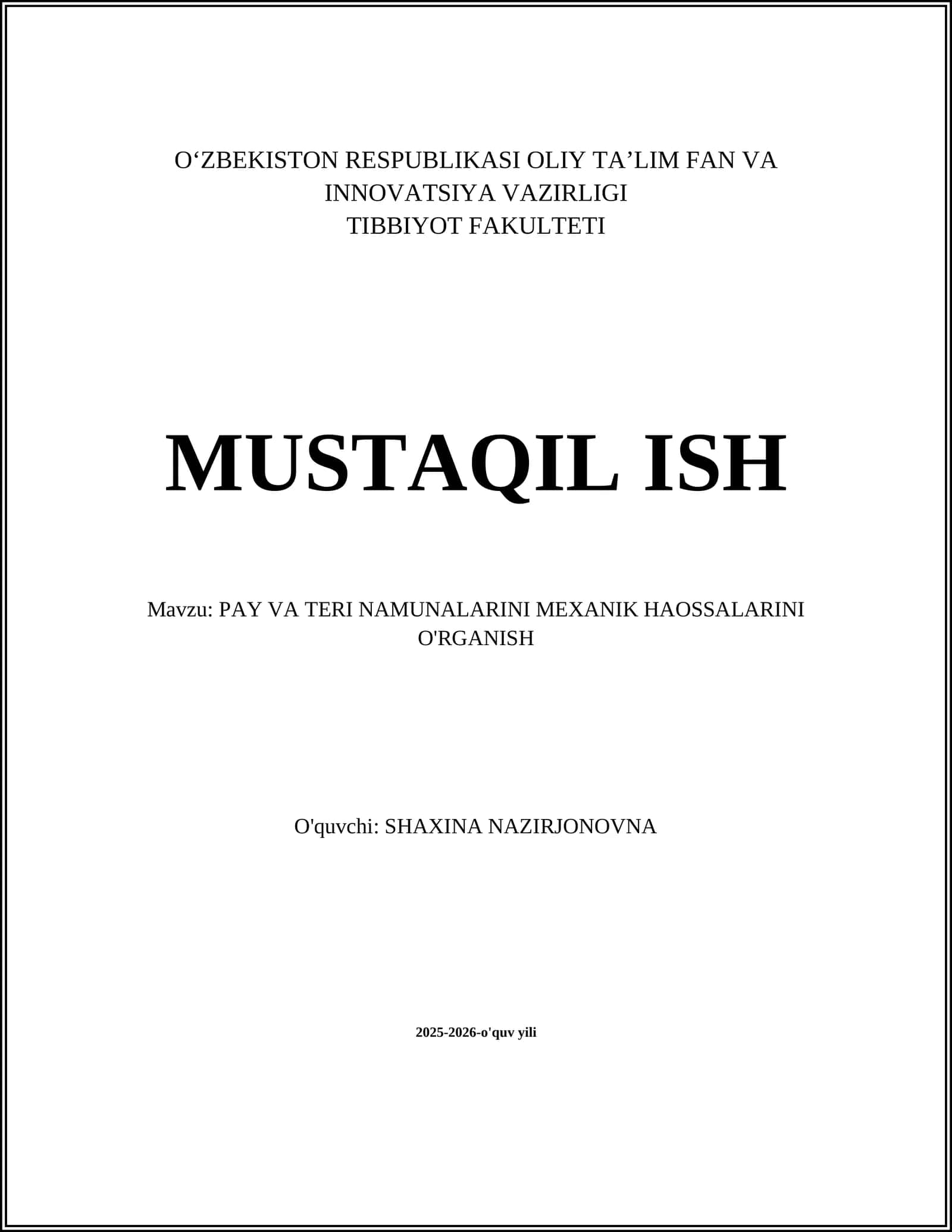 PAY VA TERI NAMUNALARINI MEXANIK HAOSSALARINI O'RGANISH 1