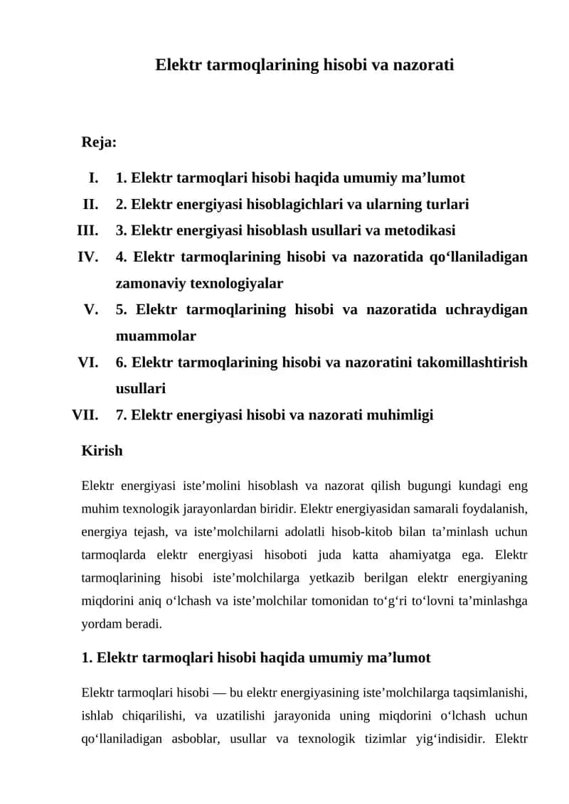Elektr tarmoqlarining hisobi va nazorati 1