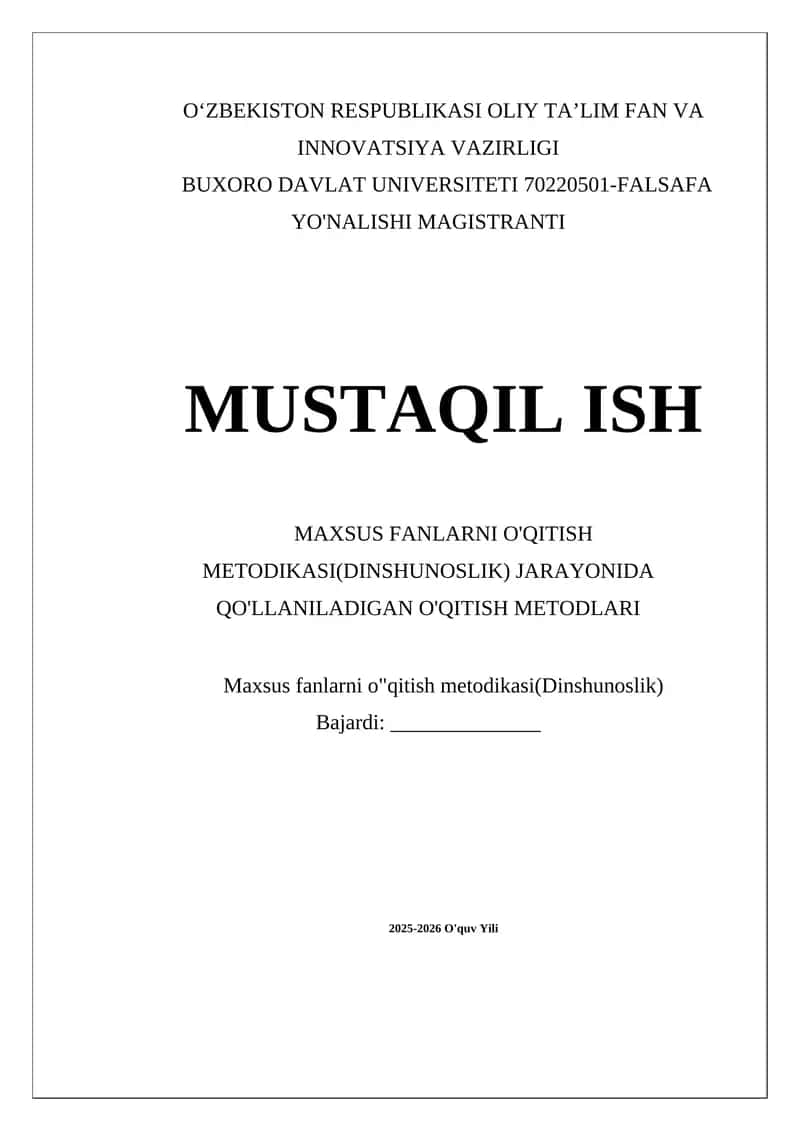 Maxsus fanlarni o'qitish metodikasi(Dinshunoslik) 1
