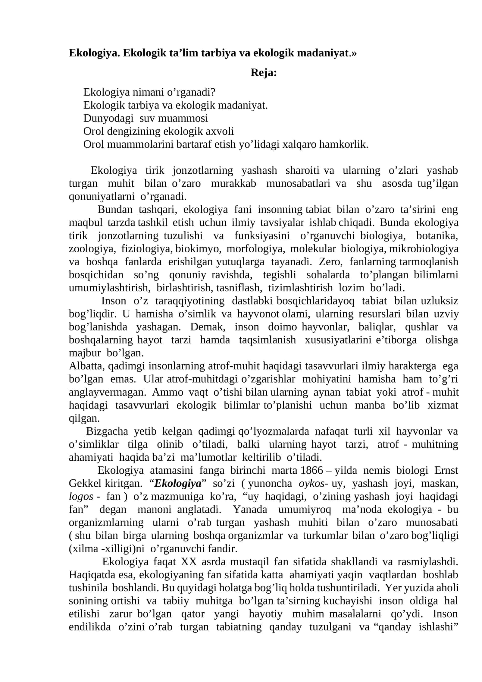 Ekologiya. Ekologik ta’lim tarbiya va ekologik madaniyat 1