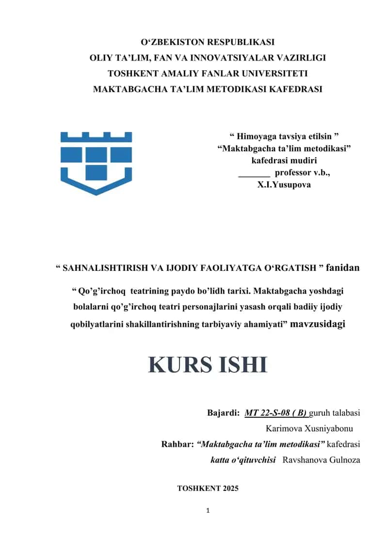 Qo’g’irchoq teatrining paydo bo’lidh tarixi. Maktabgacha yoshdagi bolalarni qo’g’irchoq teatri personajlarini yasash orqali badiiy ijodiy qobilyatlarini shakillantirishning tarbiyaviy ahamiyati 1
