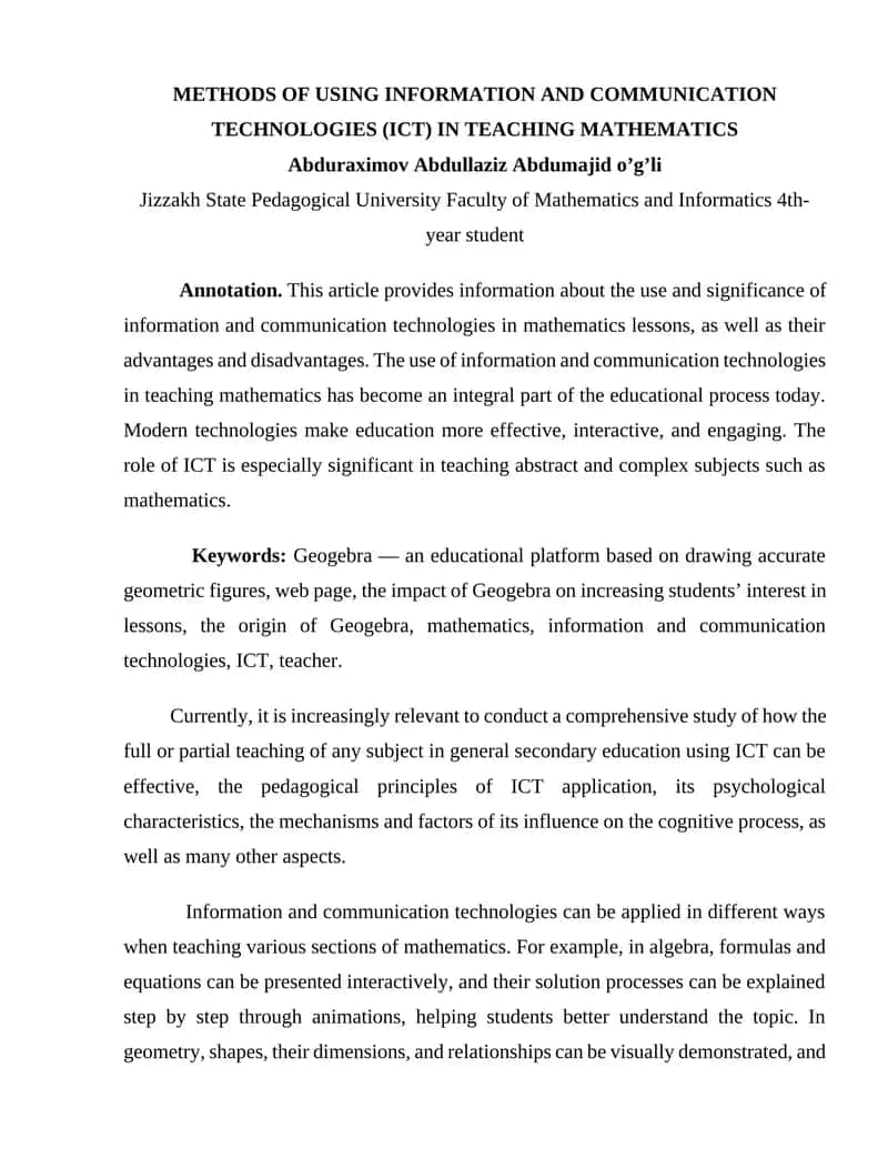 METHODS OF USING INFORMATION AND COMMUNICATION TECHNOLOGIES (ICT) IN TEACHING MATHEMATICS 1