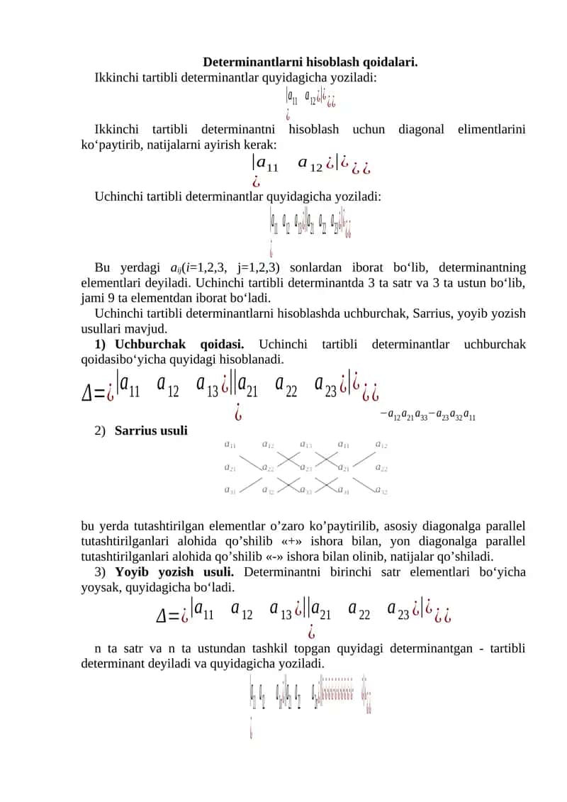 Determinantlarni hisoblash qoidalari 1