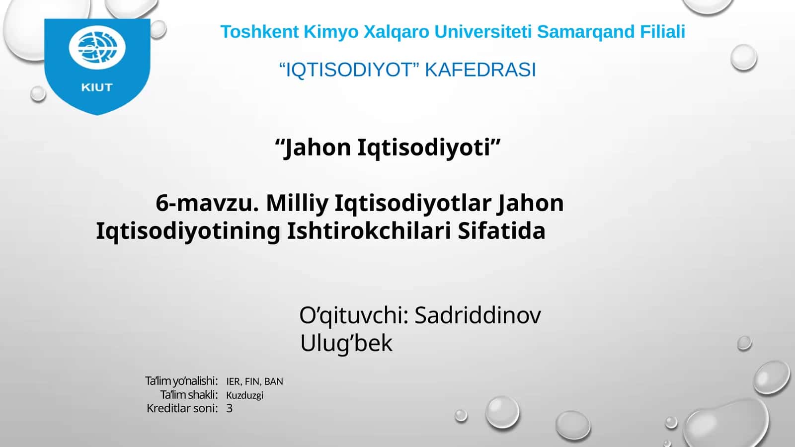 Milliy iqtisodiyotlar jahon iqtisodiyotining ishtirokchilari sifatida 1