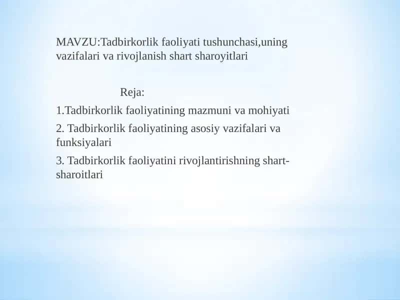 Tadbirkorlik faoliyati tushunchasi 1