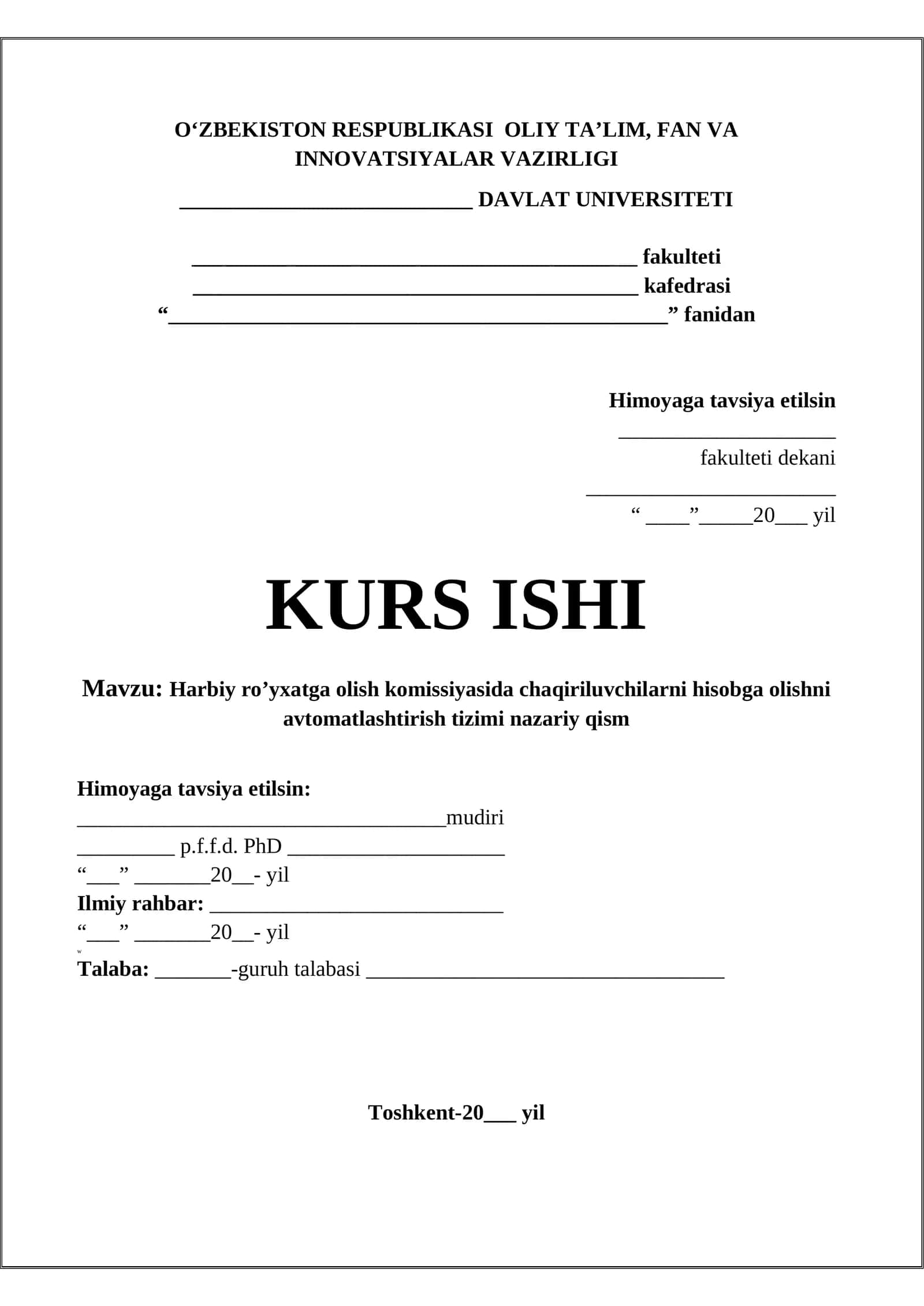 Harbiy ro’yxatga olish komissiyasida chaqiriluvchilarni hisobga olishni avtomatlashtirish tizimi nazariy qism 1