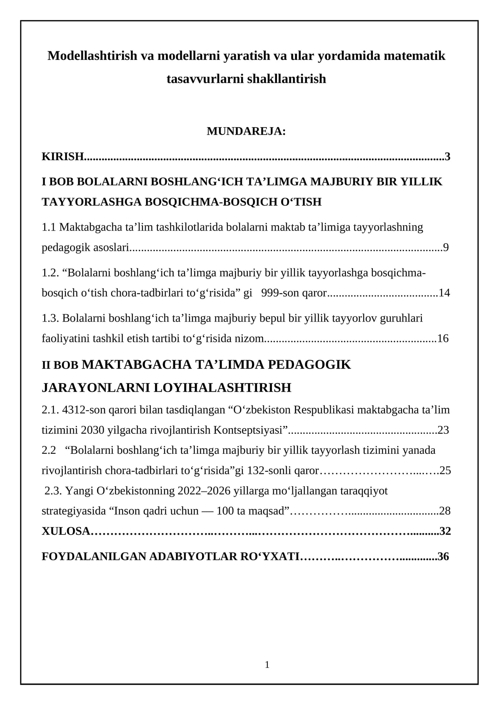 Modellashtirish va modellarni yaratish va ular yordamida matematik tasavvurlarni shakllantirish 1