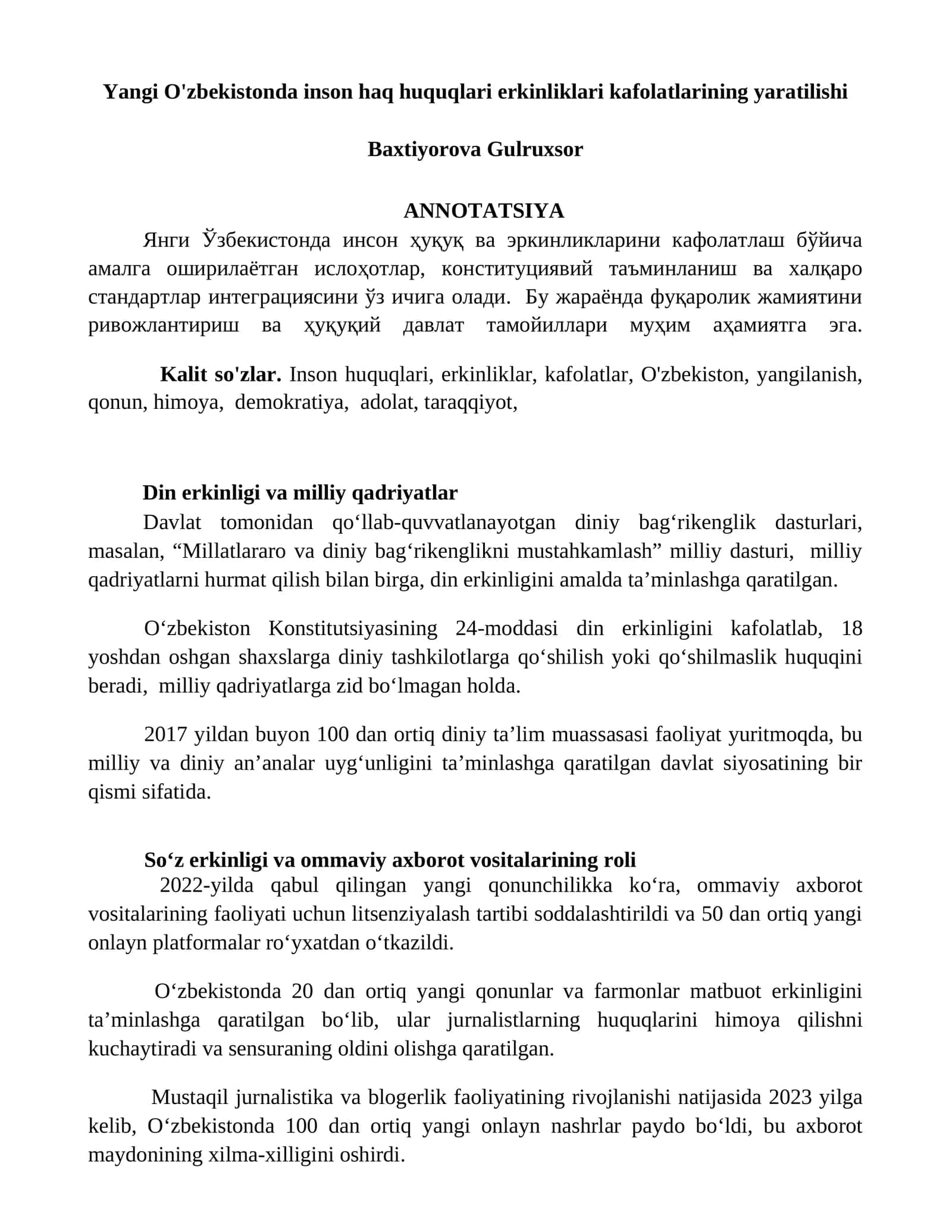 Yangi O'zbekistonda inson haq huquqlari erkinliklari kafolatlarining yaratilishi 1