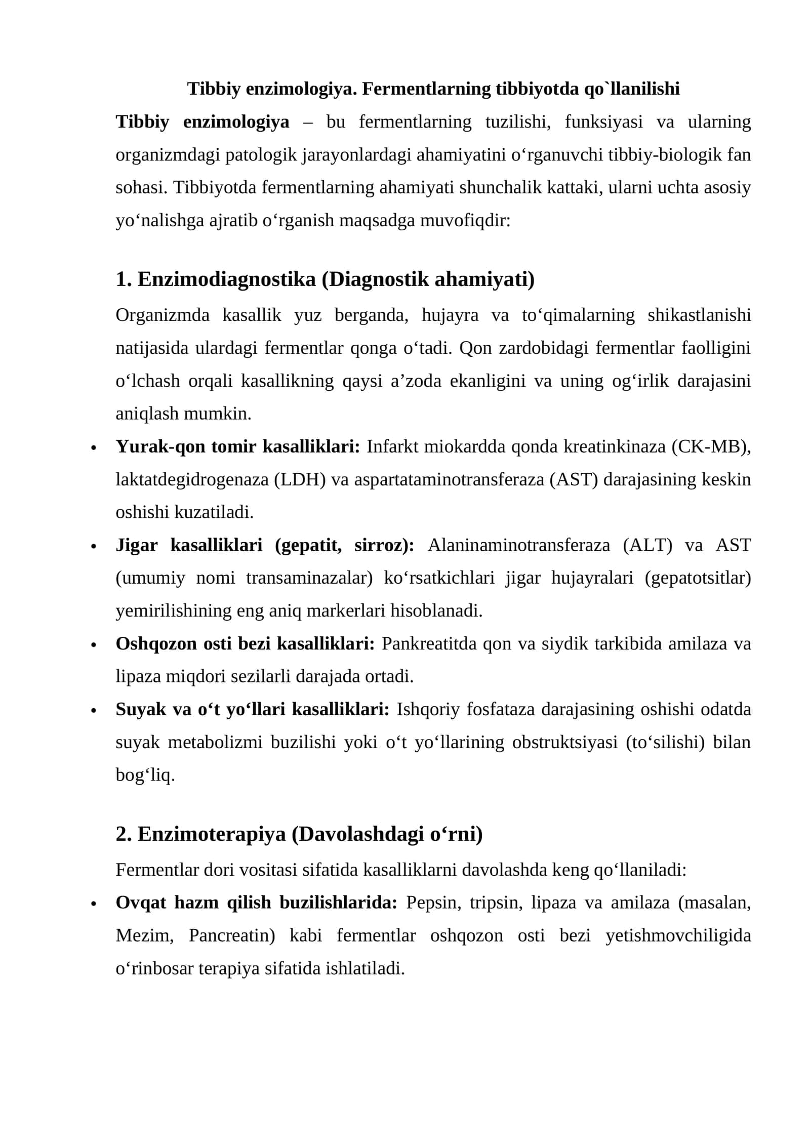 Tibbiy enzimologiya. Fermentlarning tibbiyotda qo`llanilishi 1
