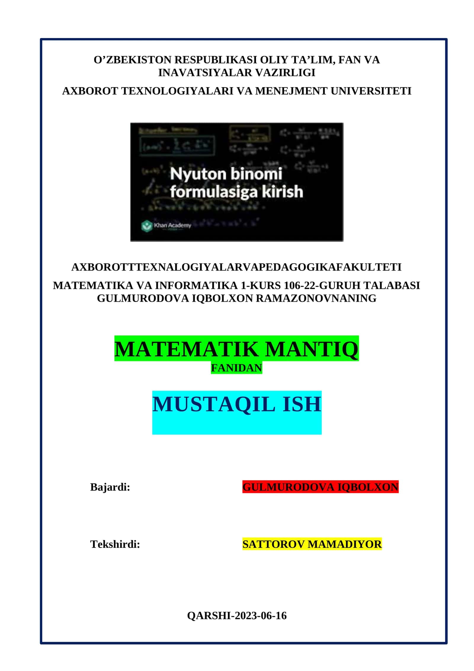 Nyuton binonimi. Binomial koeffietsientlarning xossalari 1