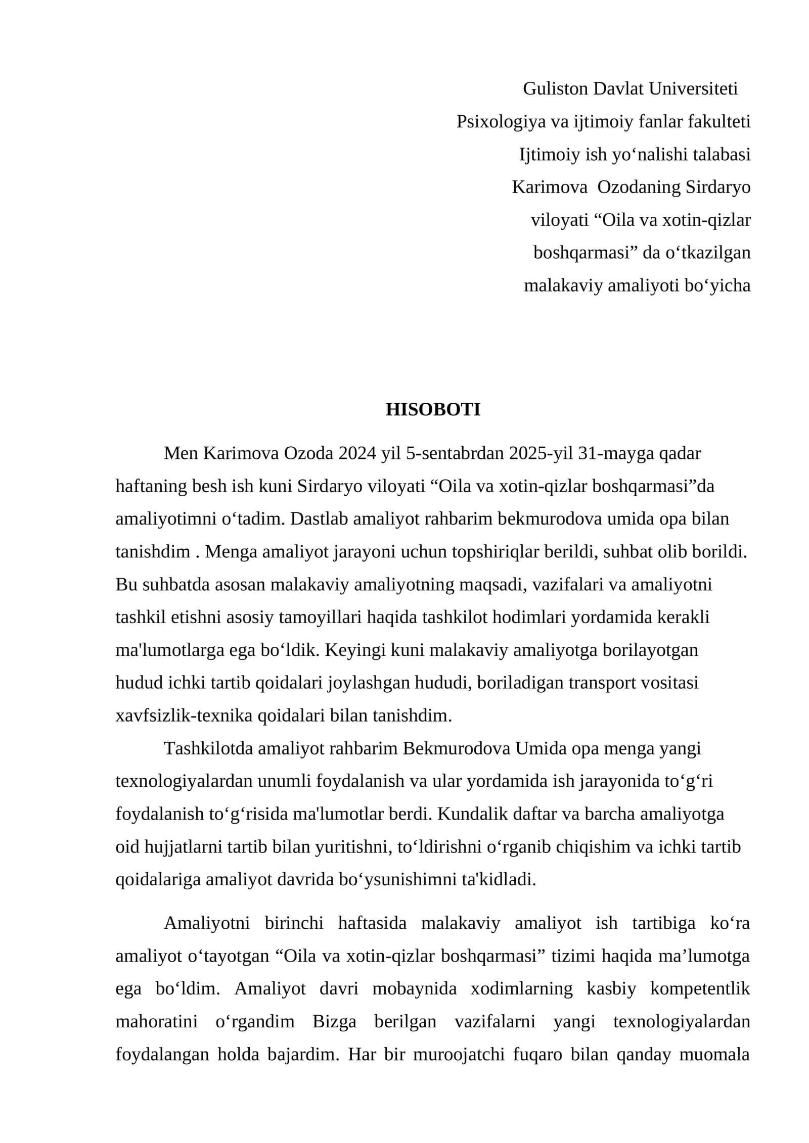 Malakaviy amaliyot maydoni hisoboti 1