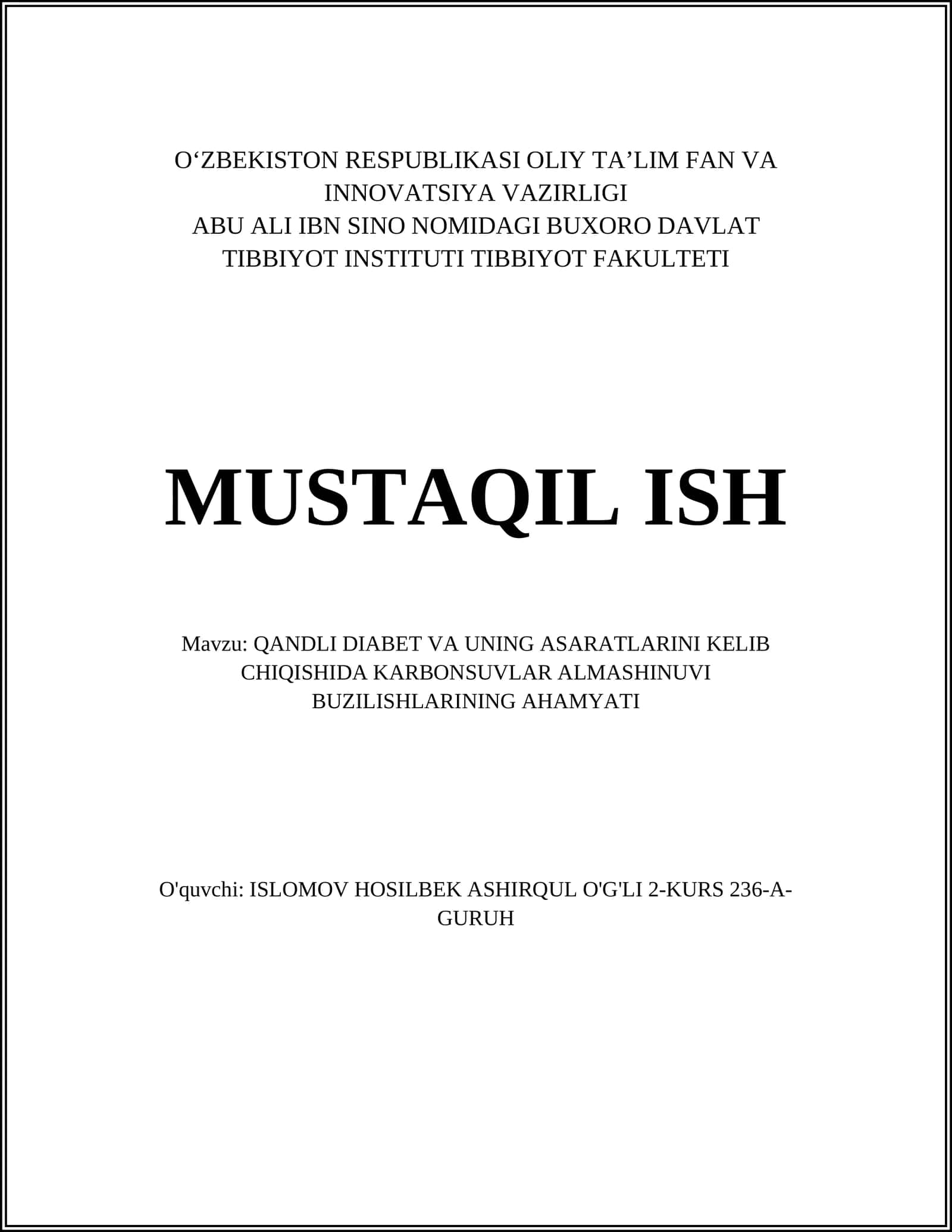 QANDLI DIABET VA UNING ASARATLARINI KELIB CHIQISHIDA KARBONSUVLAR ALMASHINUVI BUZILISHLARINING AHAMYATI 1