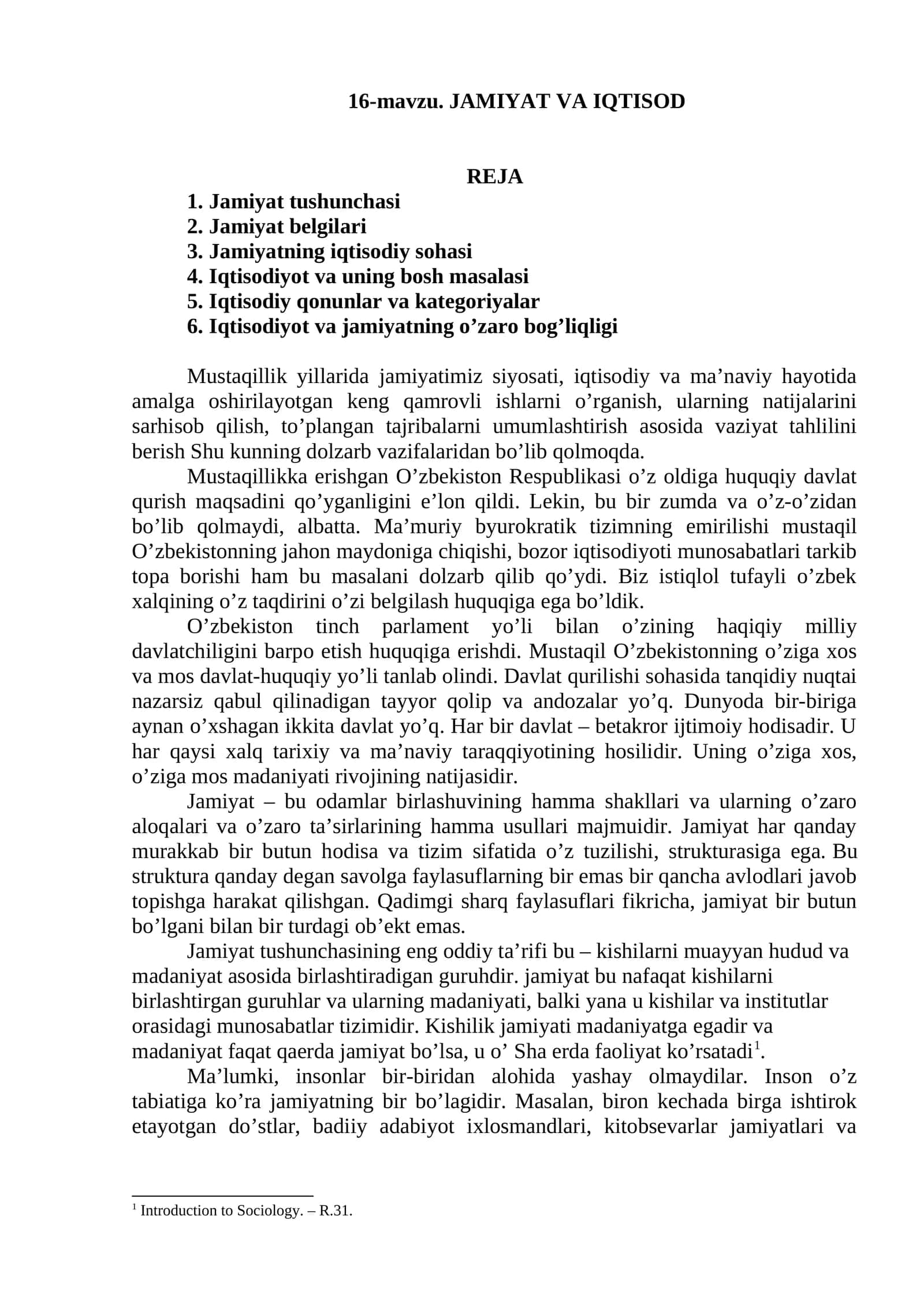 16-mavzu. JAMIYAT VA IQTISOD 1