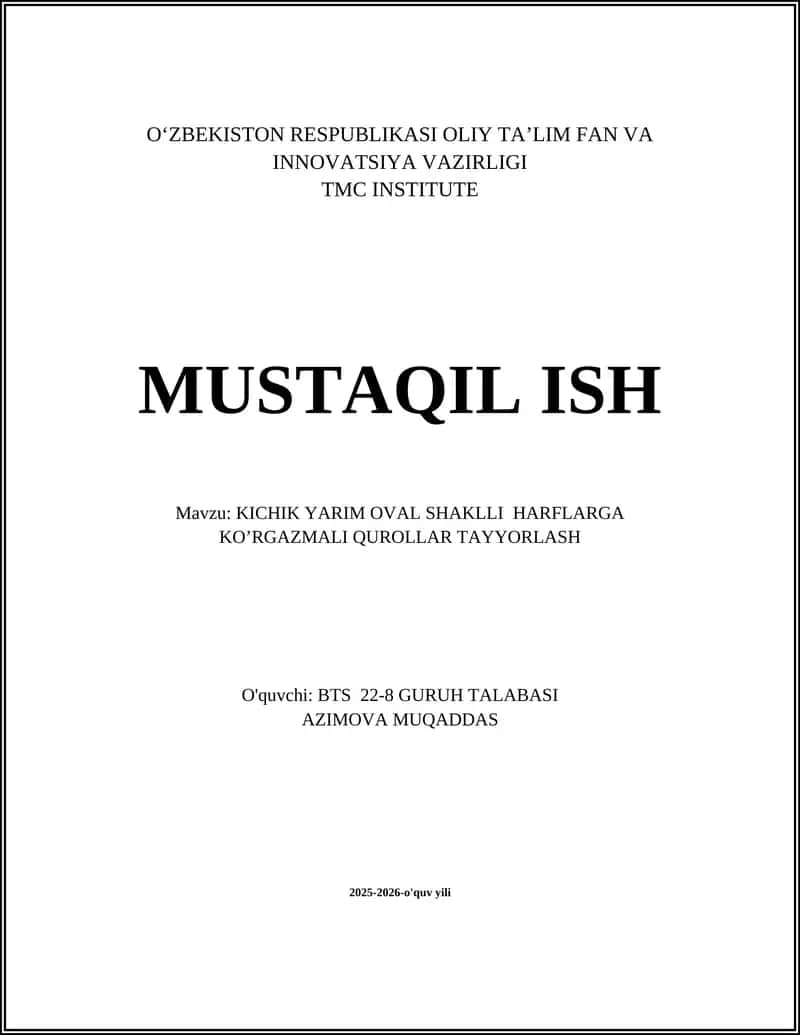 KICHIK YARIM OVAL SHAKLLI HARFLARGA KOʼRGAZMALI QUROLLAR TAYYORLASH 1