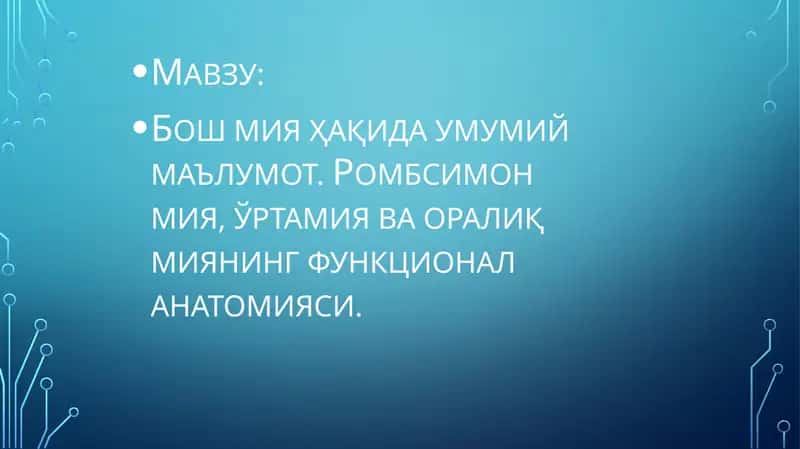 Бош мия ҳақида умумий маълумот. Ромбсимон мия, ўртамия ва оралиқ миянинг функционал анатомияси. 1