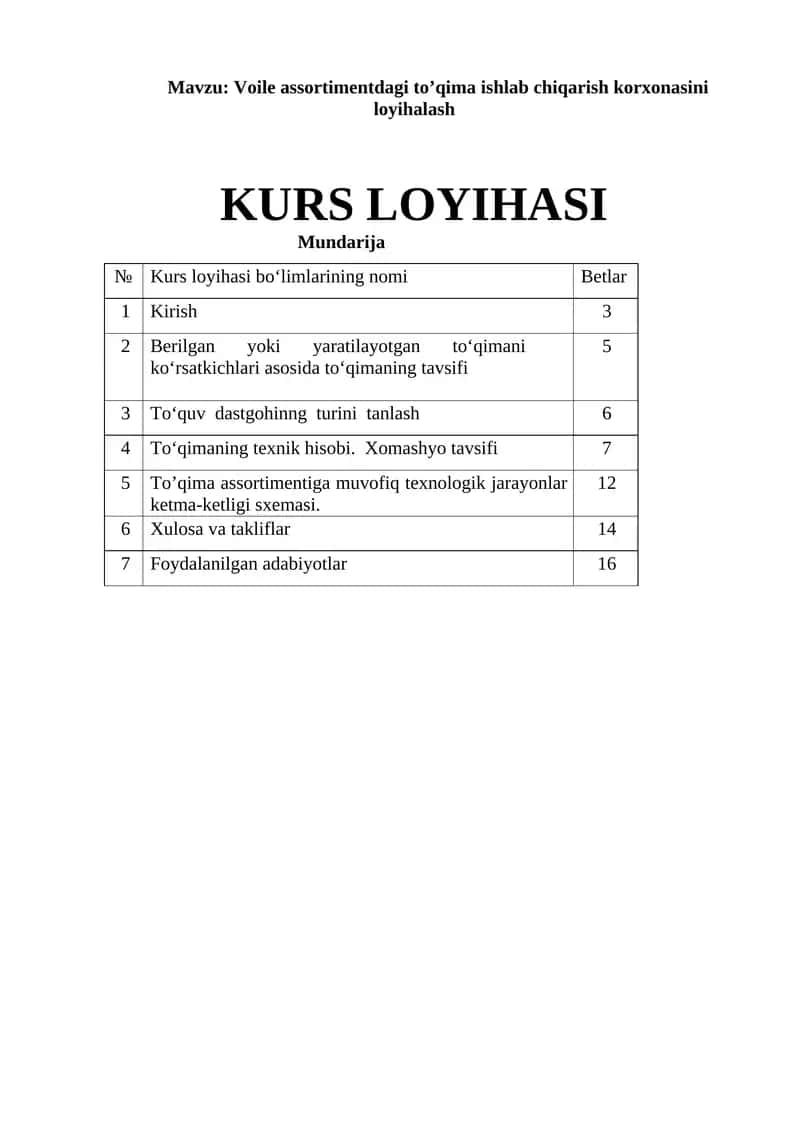 Voile assortimentdagi to’qima ishlab chiqarish korxonasini loyihalash KURS LOYIHASI 1