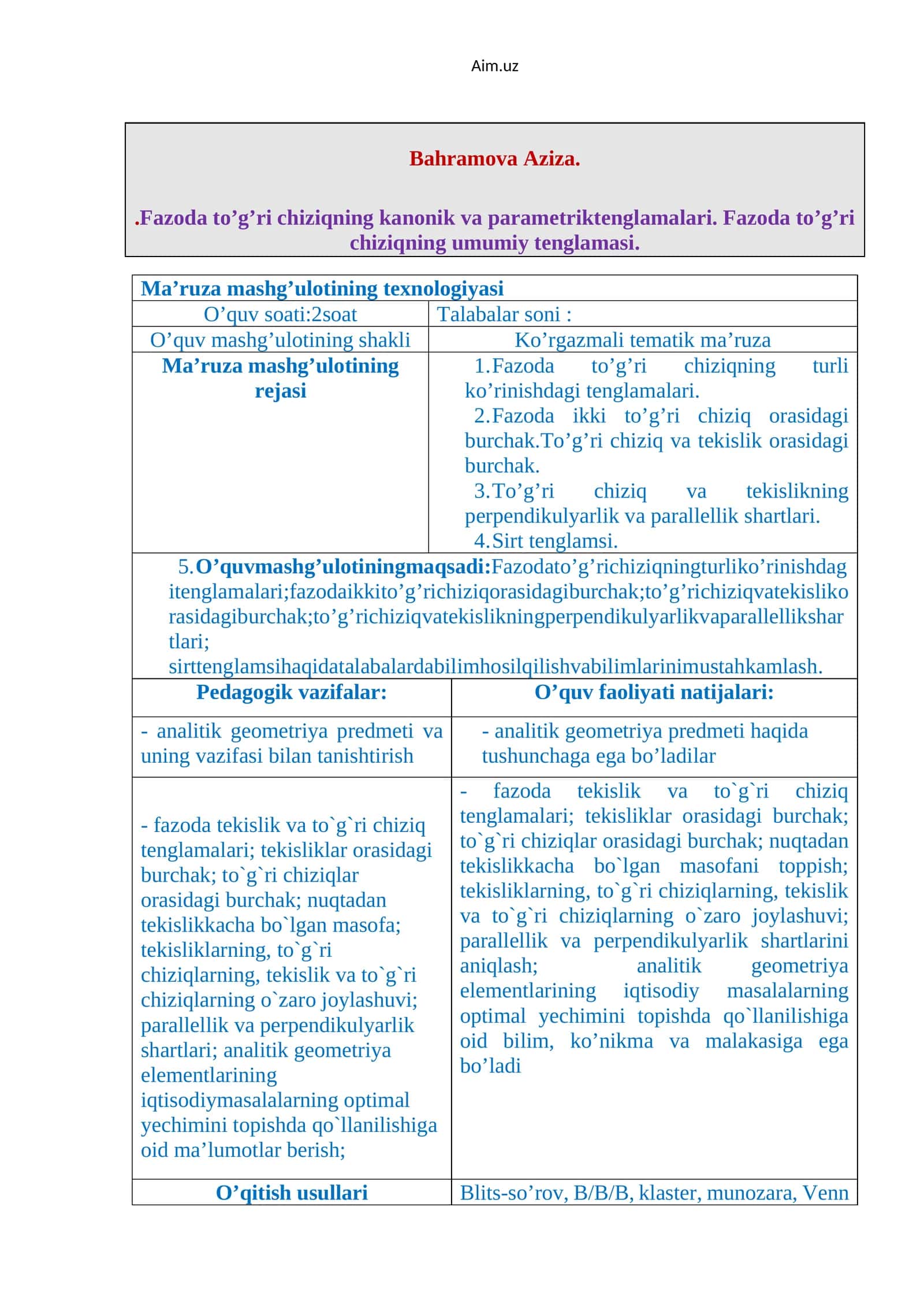 Ma’ruza mashg’ulotining texnologiyasi 1