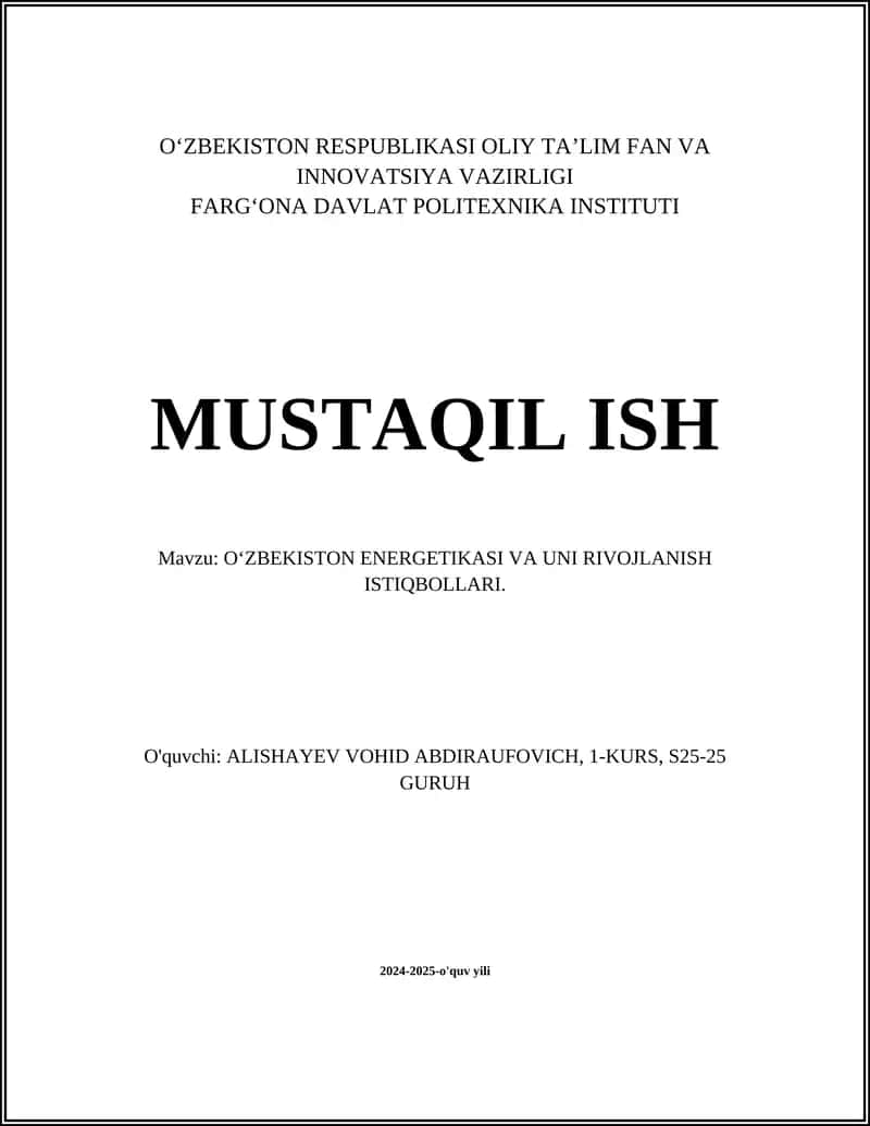 O'ZBEKISTON ENERGETIKASI VA UNI RIVOJLANISH ISTIQBOLLARI 1