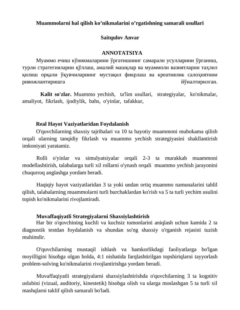 Muammolarni hal qilish ko’nikmalarini o’rgatishning samarali usullari 1