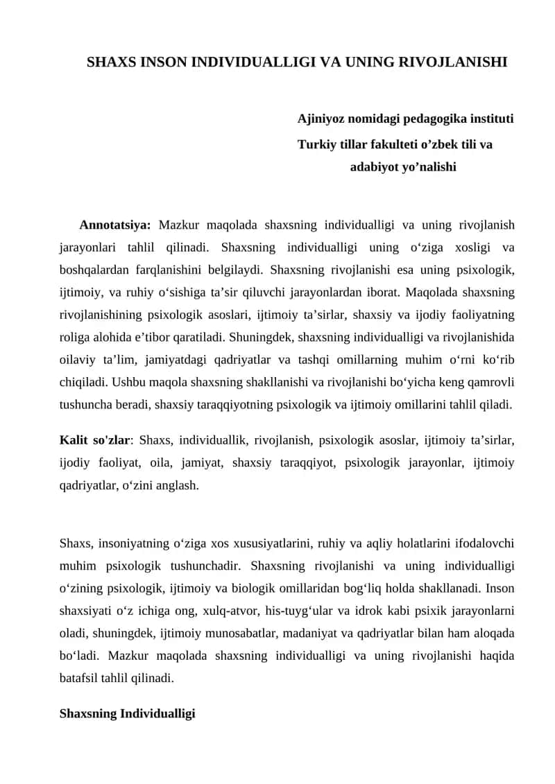 SHAXS INSON INDIVIDUALLIGI VA UNING RIVOJLANISHI 1