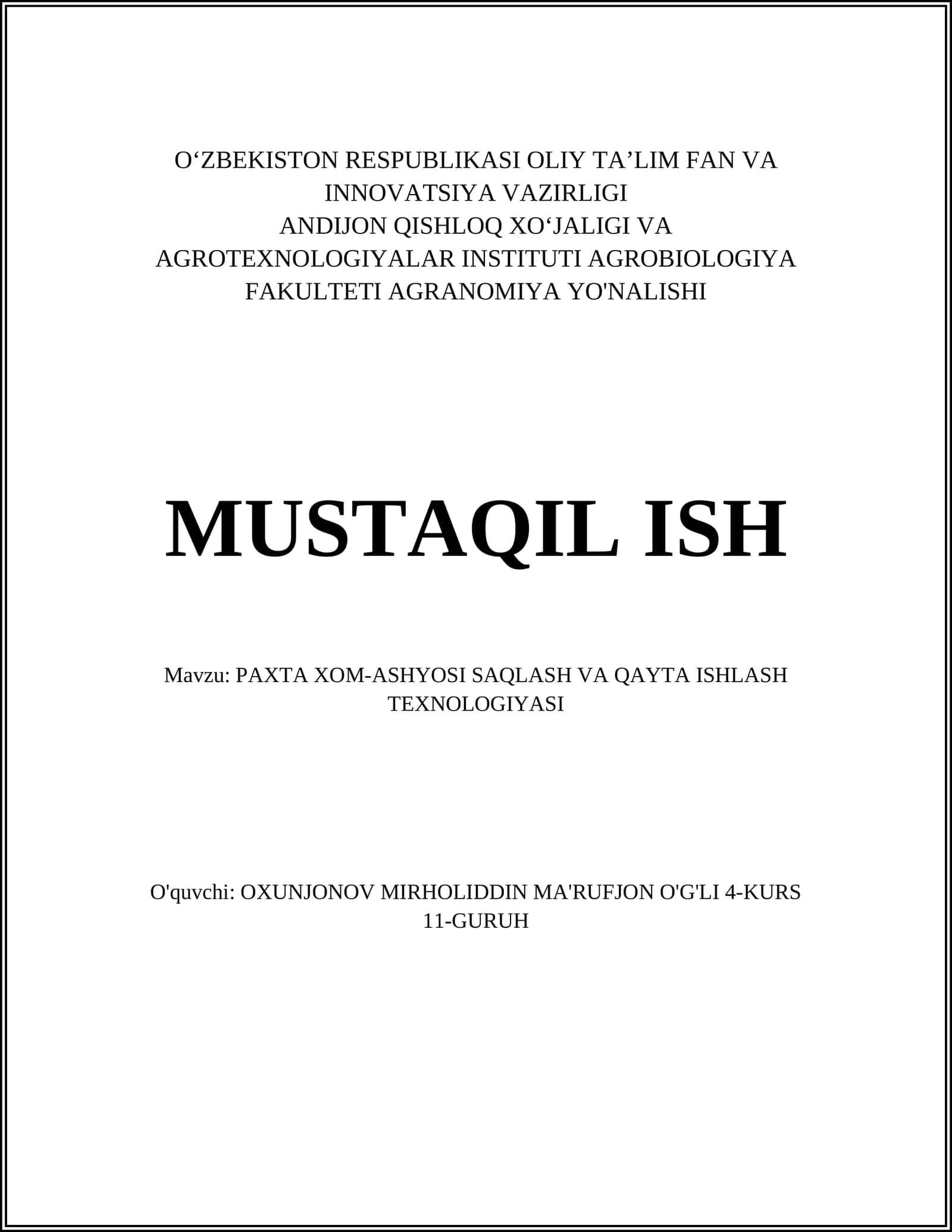 Paxta Xom-Ashyosi Saqlash va Qayta Ishlash Texnologiyasi 1