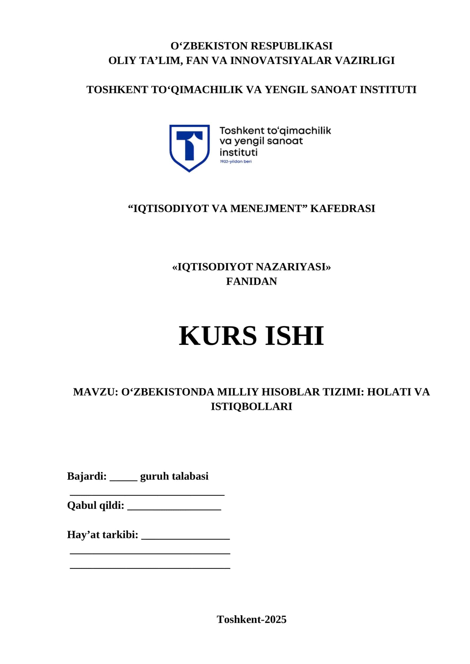 O‘ZBEKISTONDA MILLIY HISOBLAR TIZIMI: HOLATI VA ISTIQBOLLARI 1