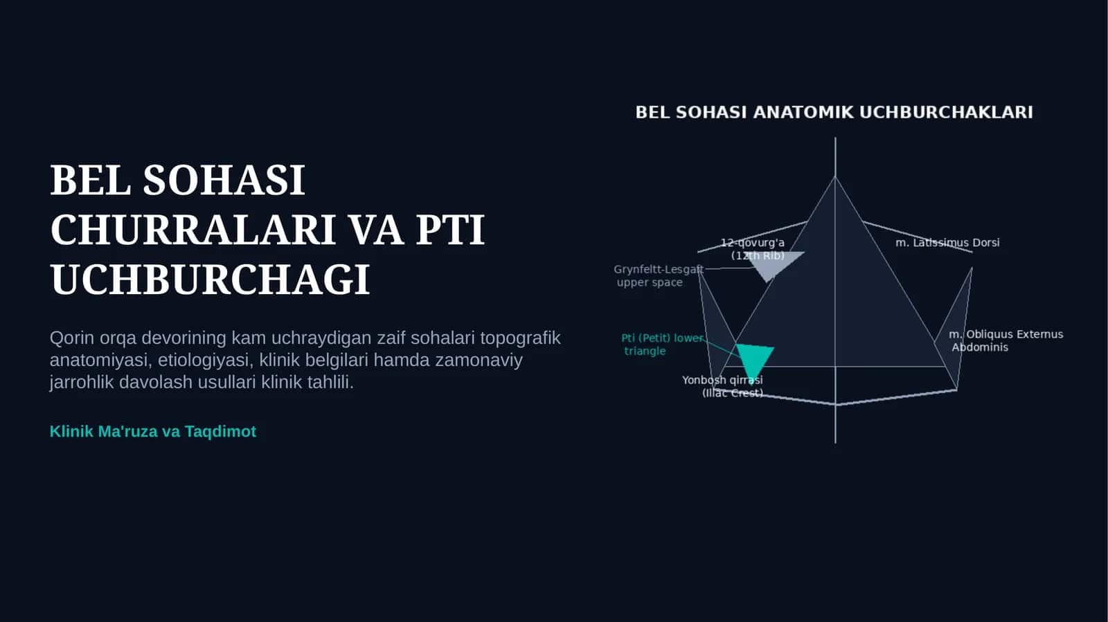 PTI UCHBURCHAGI VA BEL SOHASI CHURRALARI — ANATOMIYASI, TASHXISI VA DAVOLASH | 15 SLAYDLI TAQDIMOT 1