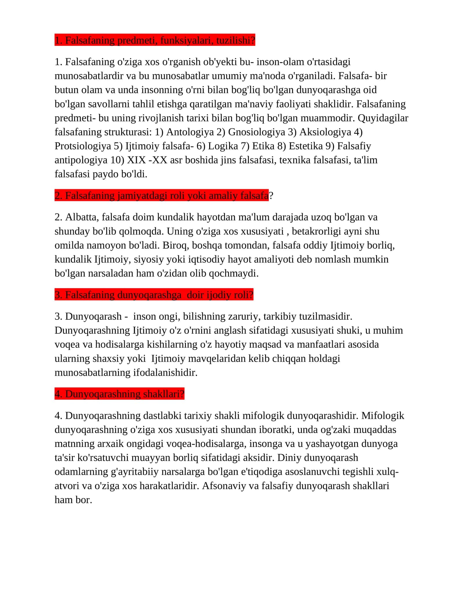 Falsafaning predmeti, funksiyalari, tuzilishi? 1
