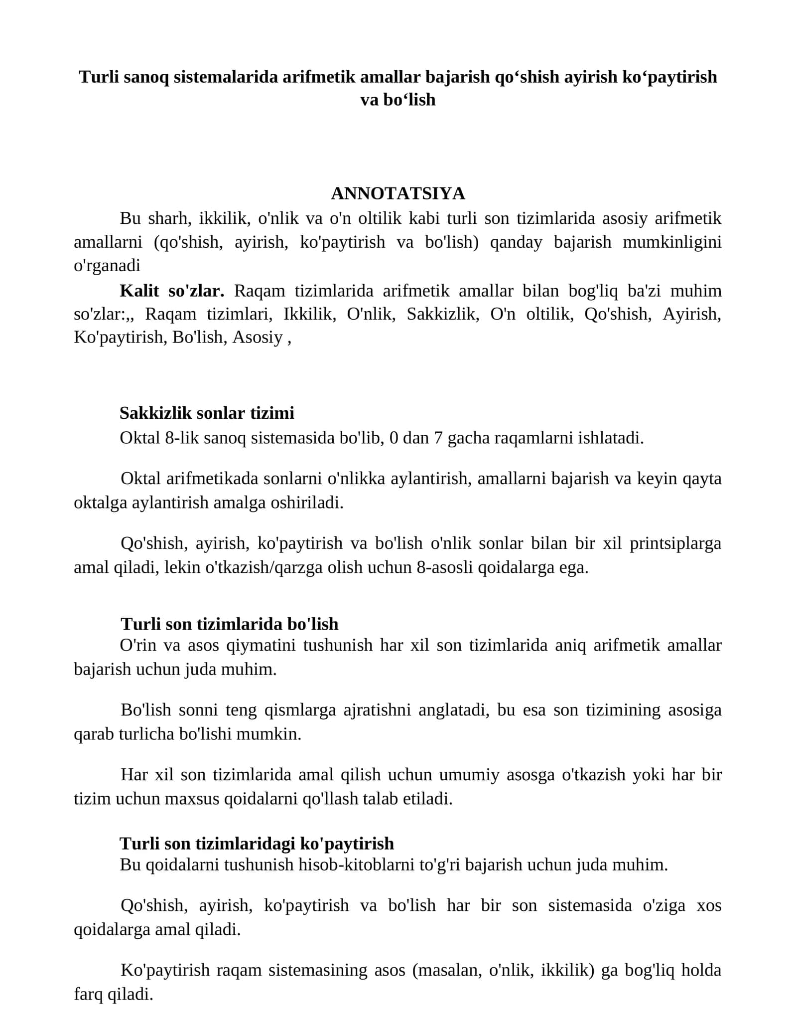 Raqam tizimlari bo'limlarida arifmetik amallar 1