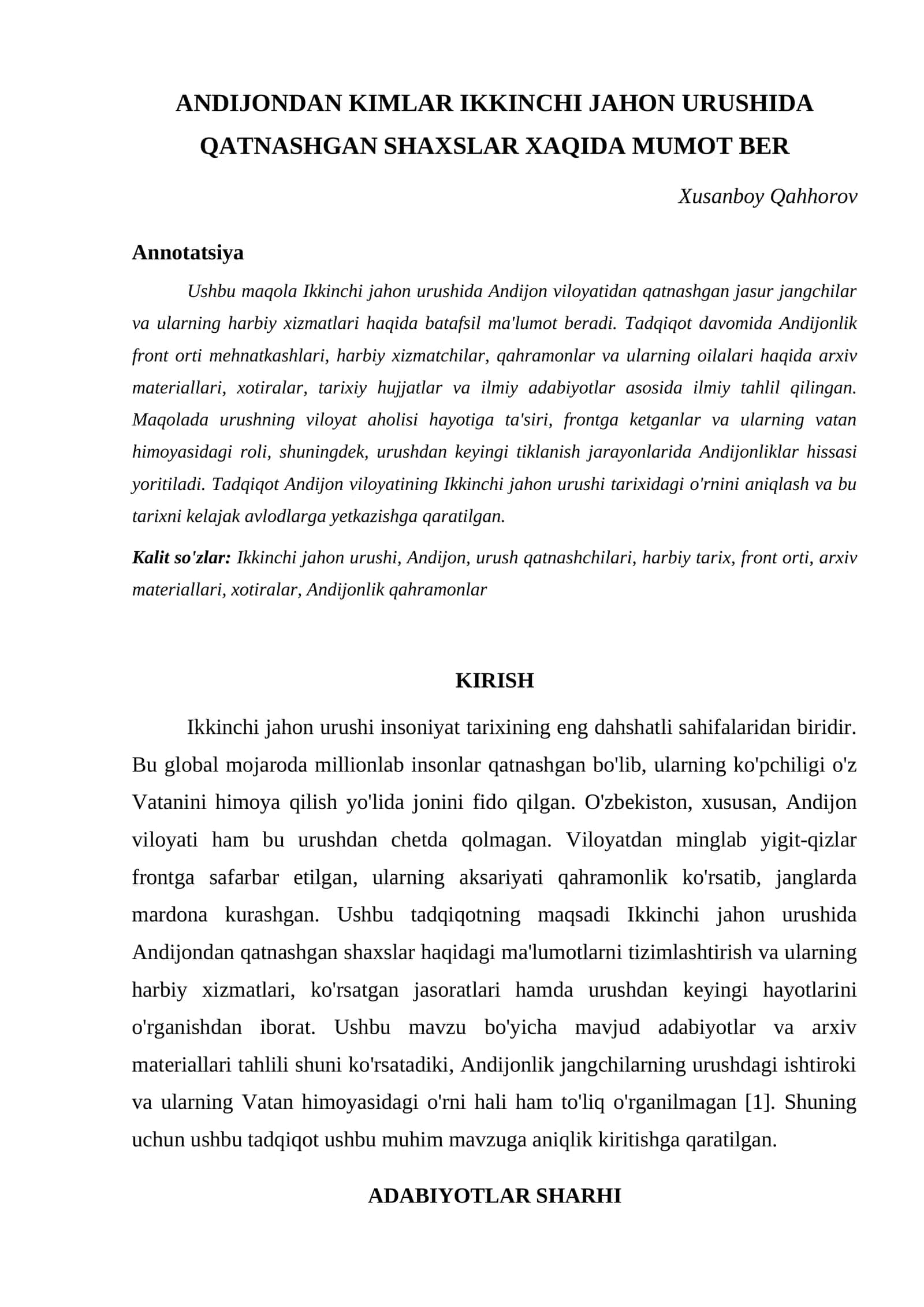 ANDIJONDAN KIMLAR IKKINCHI JAHON URUSHIDA QATNASHGAN SHAXSLAR XAQIDA MUMOT BER 1