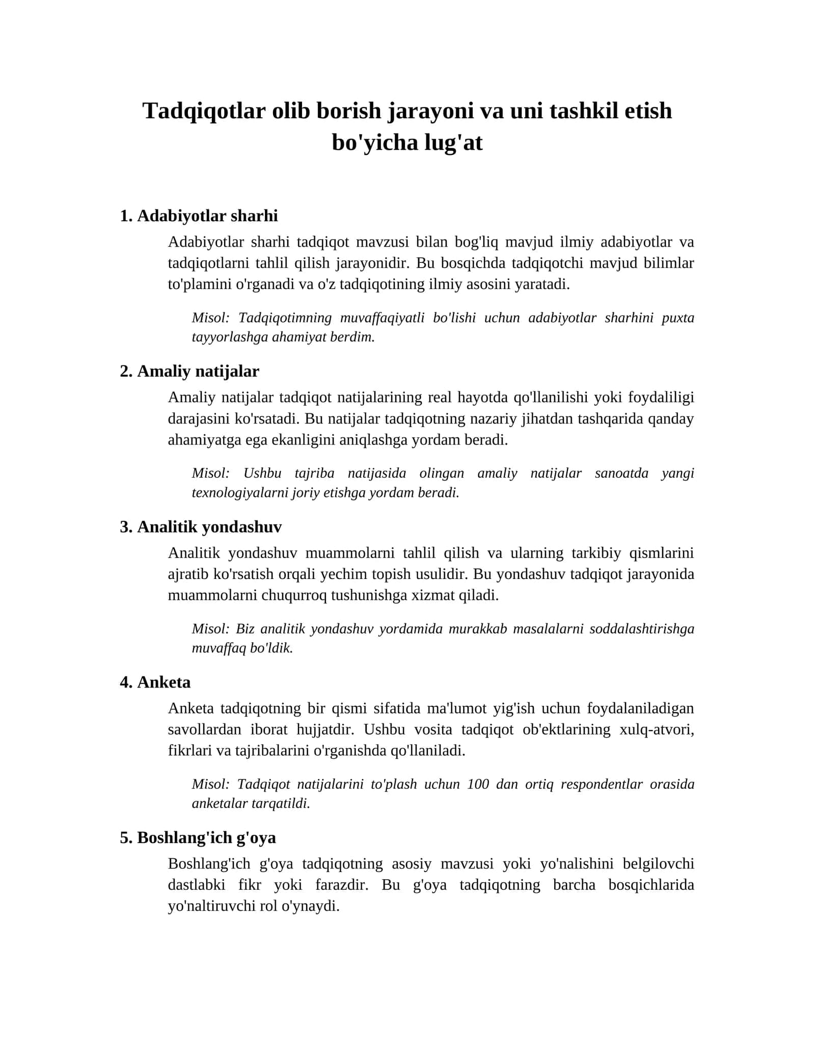 Tadqiqotlar olib borish jarayoni va uni tashkil etish bo'yicha lug'at 1