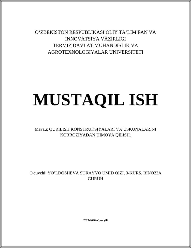 QURILISH KONSTRUKSIYALARI VA USKUNALARINI KORROZIYADAN HIMOYA QILISH 1
