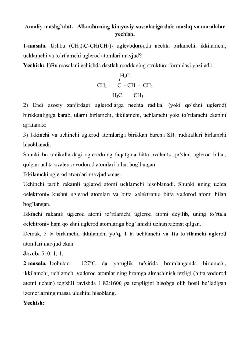 Alkanlarning kimyoviy xossalariga doir mashq va masalalar 1