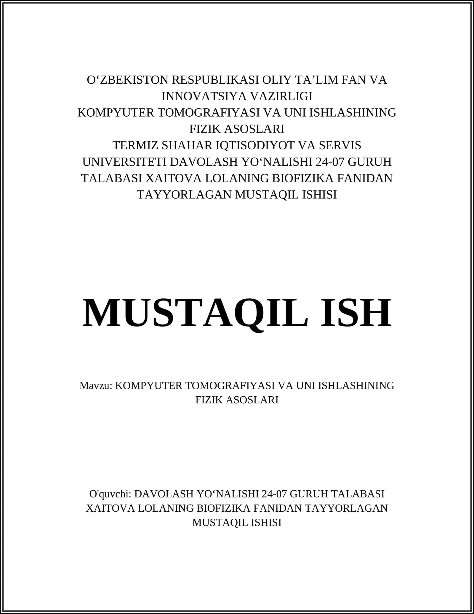 KOMPYUTER TOMOGRAFIYASI VA UNI ISHLASHINING FIZIK ASOSLARI 1