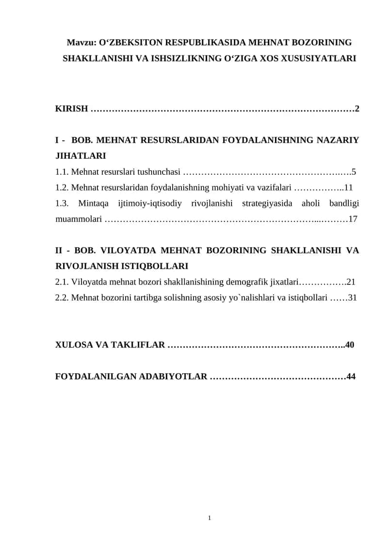 OʻZBEKSITON RESPUBLIKASIDA MEHNAT BOZORINING SHAKLLANISHI VA ISHSIZLIKNING OʻZIGA XOS XUSUSIYATLARI 1