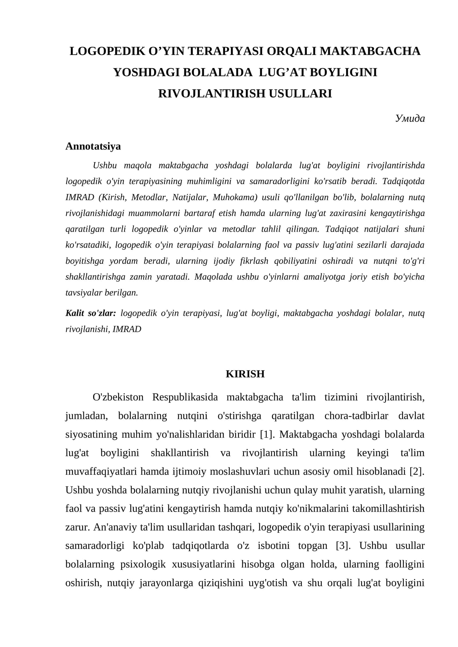 LOGOPEDIK OʼYIN TERAPIYASI ORQALI MAKTABGACHA YOSHDAGI BOLALADA LUGʼAT BOYLIGINI RIVOJLANTIRISH USULLARI 1
