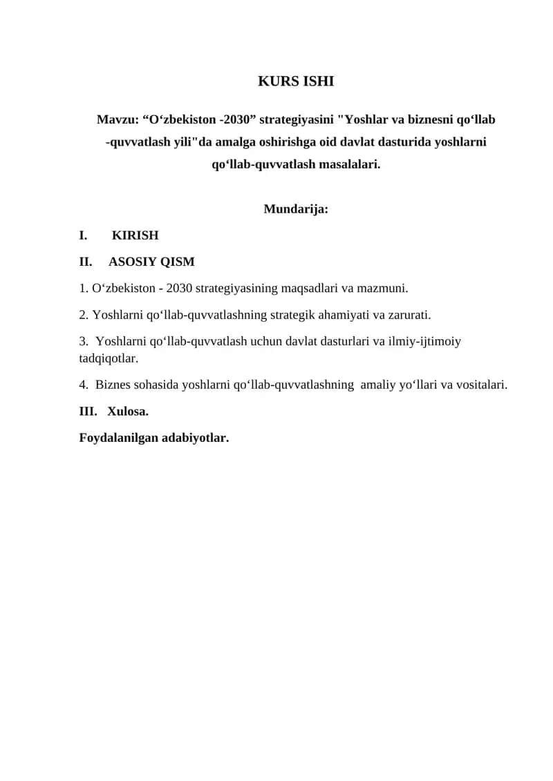 “O‘zbekiston -2030” strategiyasini "Yoshlar va biznesni qo‘llab -quvvatlash yili"da amalga oshirishga oid davlat dasturida yoshlarni 1