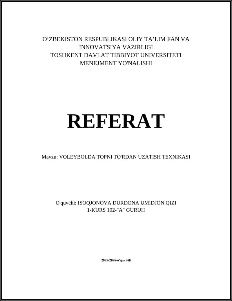 VOLEYBOLDA TOPNI TO'RDAN UZATISH TEXNIKASI 1