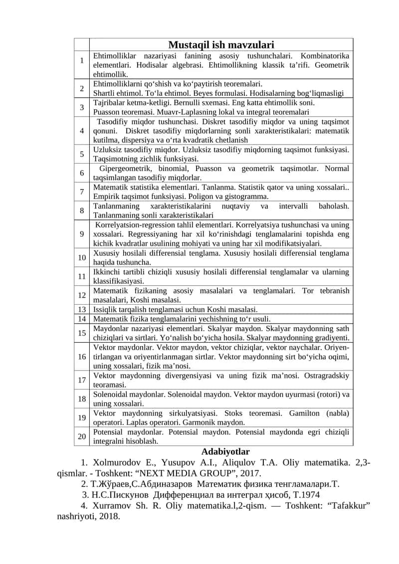 Mustaqil ish mavzulari 1
