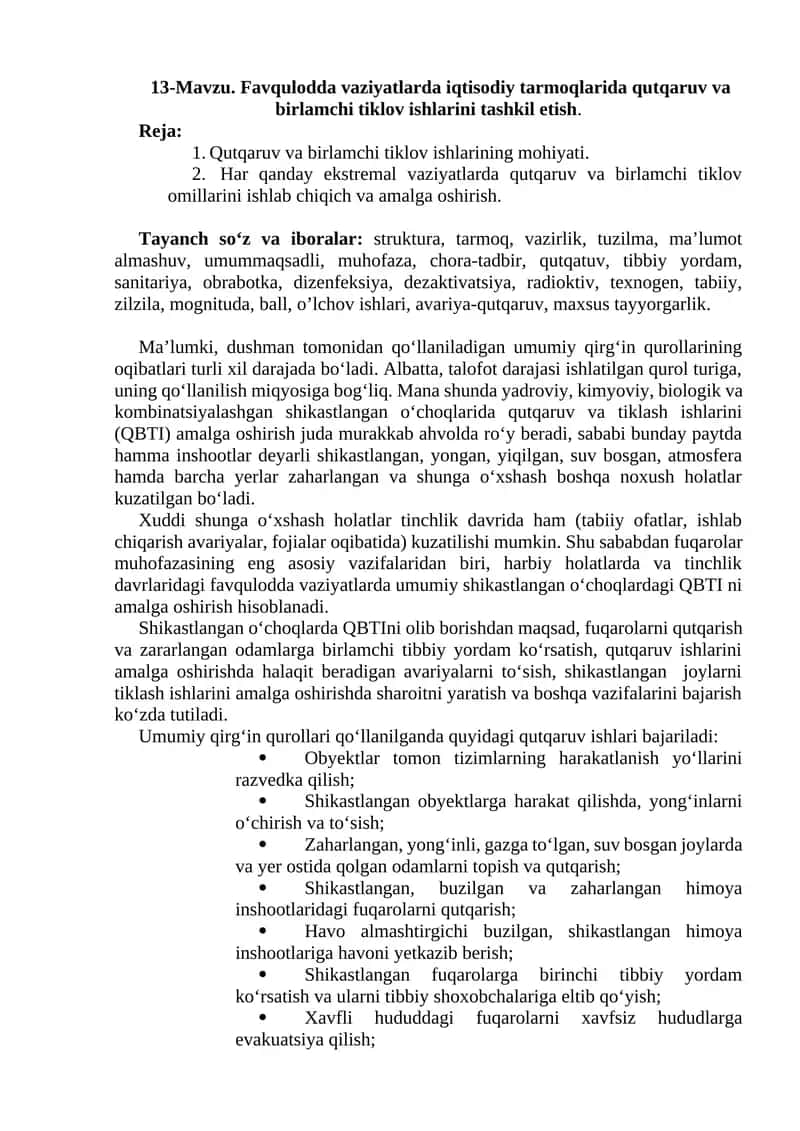 Qutqaruv va birlamchi tiklov ishlarini tashkil etish 1