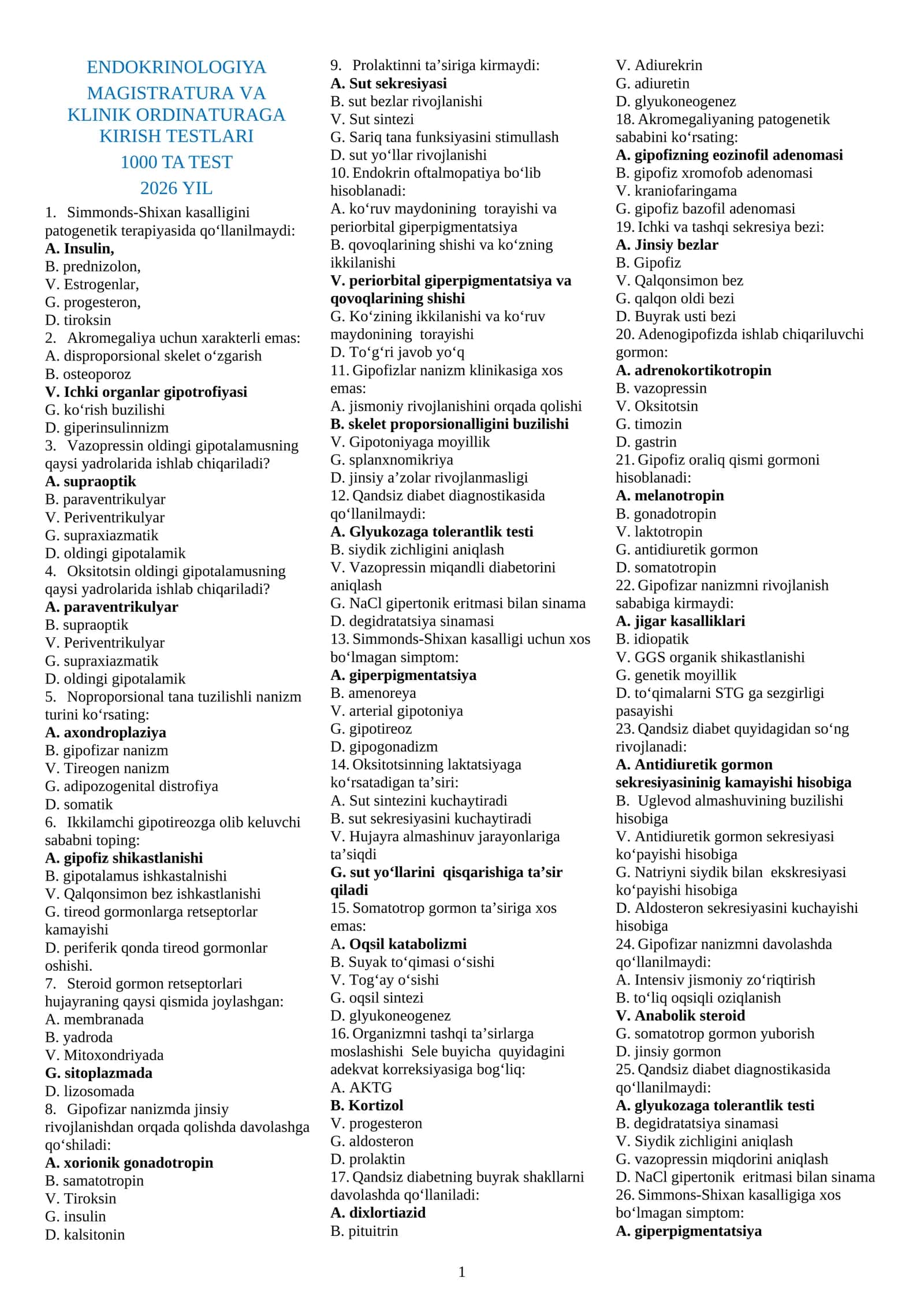 ENDOKRINOLOGIYA MAGISTRATURA VA KLINIK ORDINATURAGA KIRISH TESTLARI 1000 TA2026 YIL 1